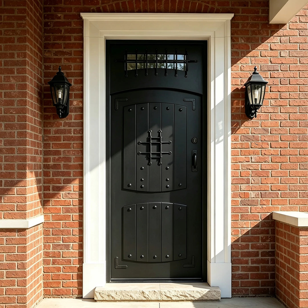 IWD-vintage-residential-iron-entry-single-door-matte-black-rivet-grid-glass-speakeasy-window-secure-exterior-statement-cid-135-ironwroughtdoors