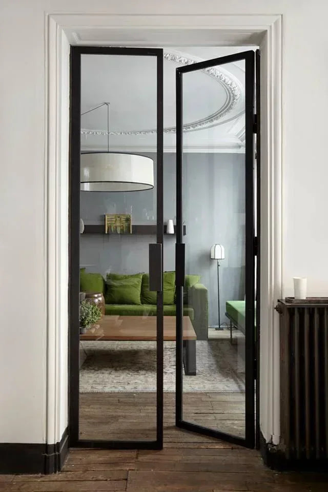 IWD Sleek Iron Frame Full Glass Double French Door Interior Wide Panel