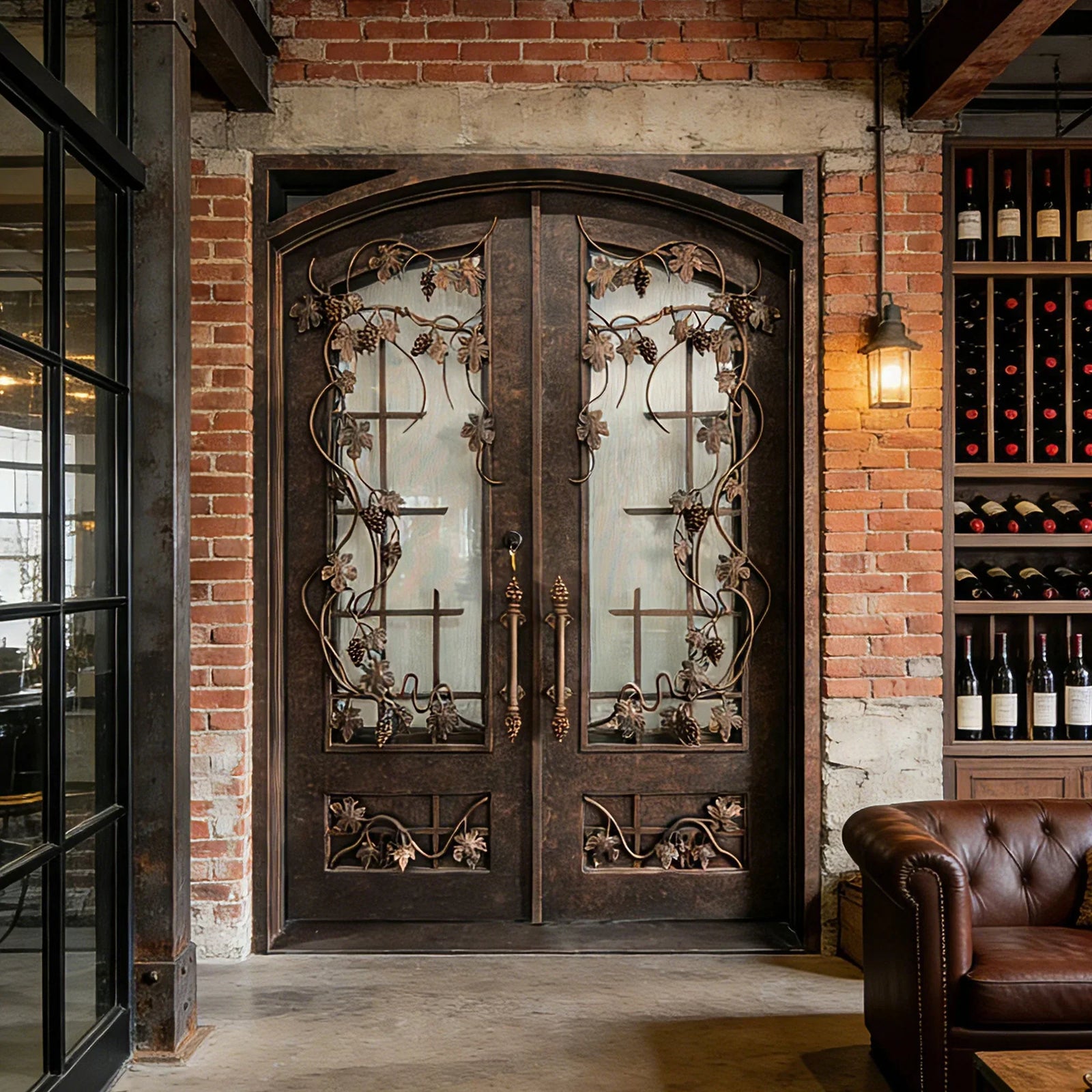 IWD-vintage-elegant-style-temperature-controlled-wine-cellar-door-double-door-grapevine-scrollwork-CID-W017-ironwroughtdoors