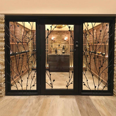 IWD-wine-cellar-single-iron-door-with-double-sidelights-vine-motif-CID-W015-ironwroughtdoors