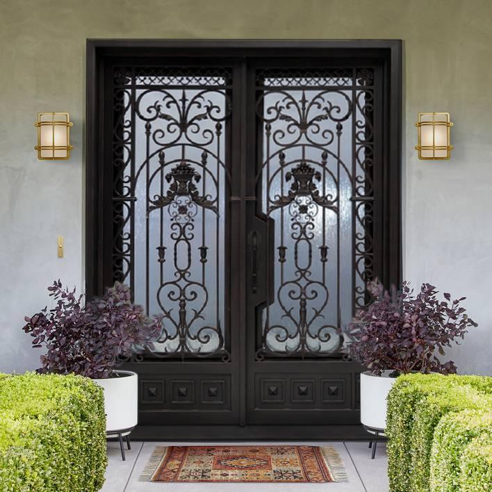 IWD Luxury Wrought Iron Double Entry Door CLID-001-A Square Top with Kick Plate Operable Glass