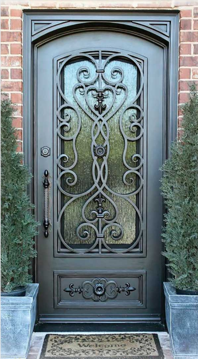 IWD Wrought Iron Double Entrance Door CID-121-Beautiful Scrollwork Square Top Clear Glass Low-E