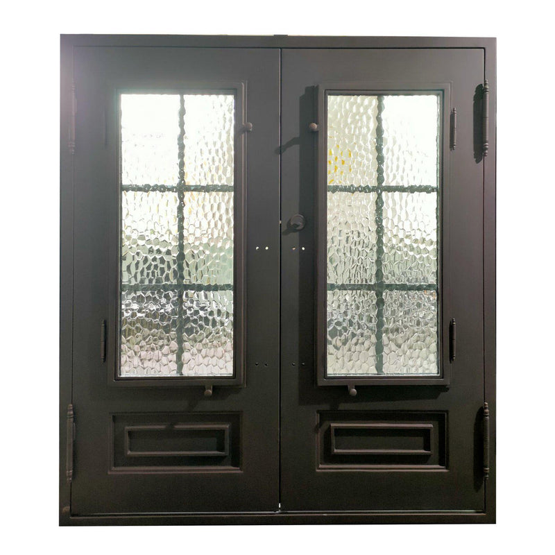 IWD Thermal Break Wrought Iron Double Front Entry Door CID-022-B Classic Grid Design Square Top Operable Glass Aquatex