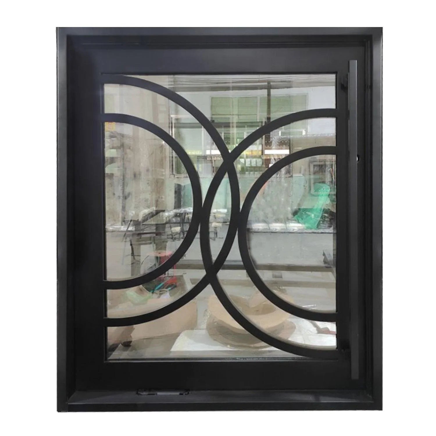 IWD steel-pivot-door-clear-wide-glass-black-CID-PV028-symmetrical-circle-1-panel