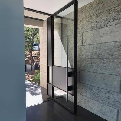 IWD pivot-door-steel-entrance-modern-clean-friendly-square-top-black-cid-pv024-clear-glass-long-handle
