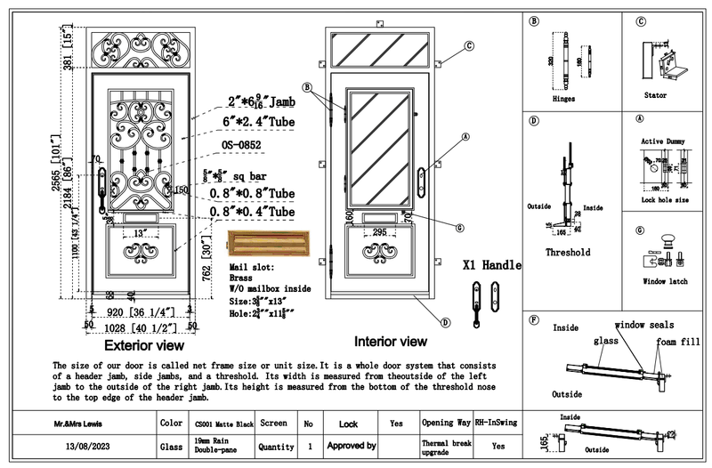 Custom link for Mr. & Mrs Lewis IWD Thermal Break Iron Wrought Single Entry Door With Transom CID-002