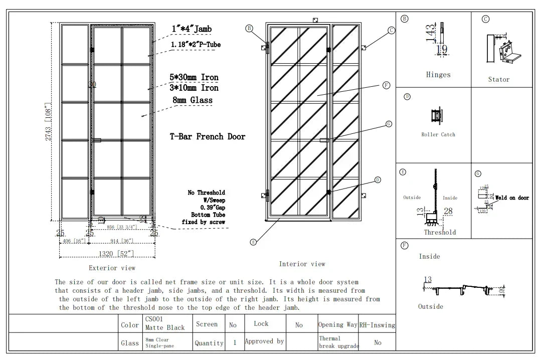 iwd-ironwroughtdoors-custom-steel-french-single-door-single-sidelight-cifd-in001-drawing