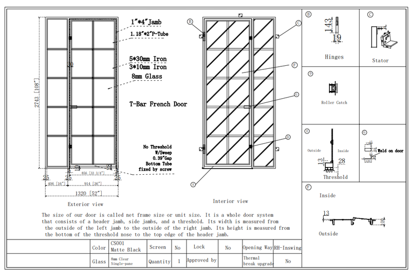 iwd-ironwroughtdoors-custom-steel-french-single-door-single-sidelight-cifd-in001-drawing