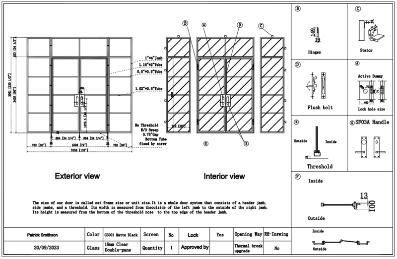 Custom link for Patrick Smithson IWD Wrought Iron French Double Door Interior (No Threshold No Sweep) CIFD-IN002 50% Balance - IronWroughtDoors