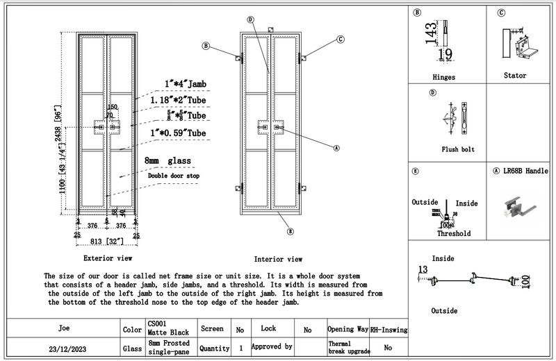 Custom link for Joe Bucher IWD Wrought Iron French Double Door Interior (No Threshold) CIFD-IN002 - IronWroughtDoors