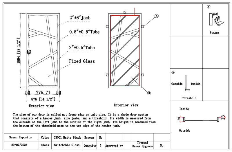 Custom link for Susan Esposito IWD Steel Framed Glass Sidelight Wall Square Top 2sets 7/27/2024