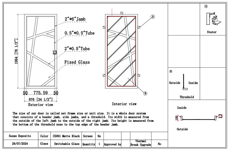 Custom link for Susan Esposito IWD Steel Framed Glass Sidelight Wall Square Top 2sets 7/27/2024