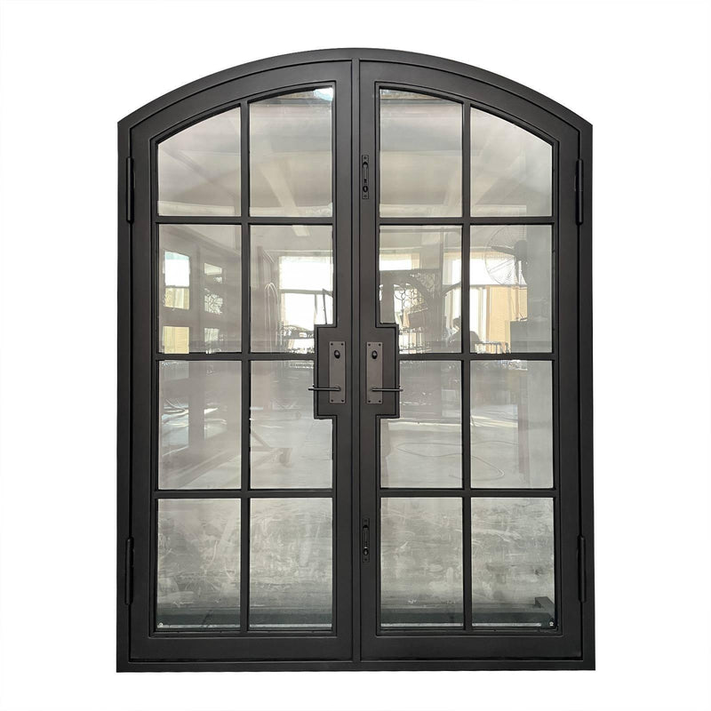 IWD Neat Design Wrought Iron French Dual Door CIFD-D0104 Arched Top Hurricane-Proof Glass 8-Lite - IronWroughtDoors