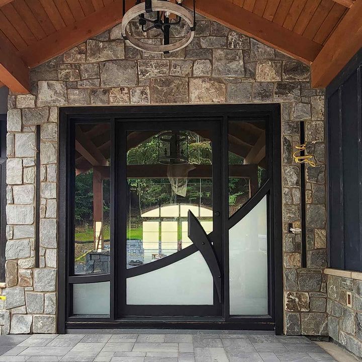 IWD Custom Design Iron Pivot Single Door CID-PV020 Two Sidelights Matte Black - IronWroughtDoors