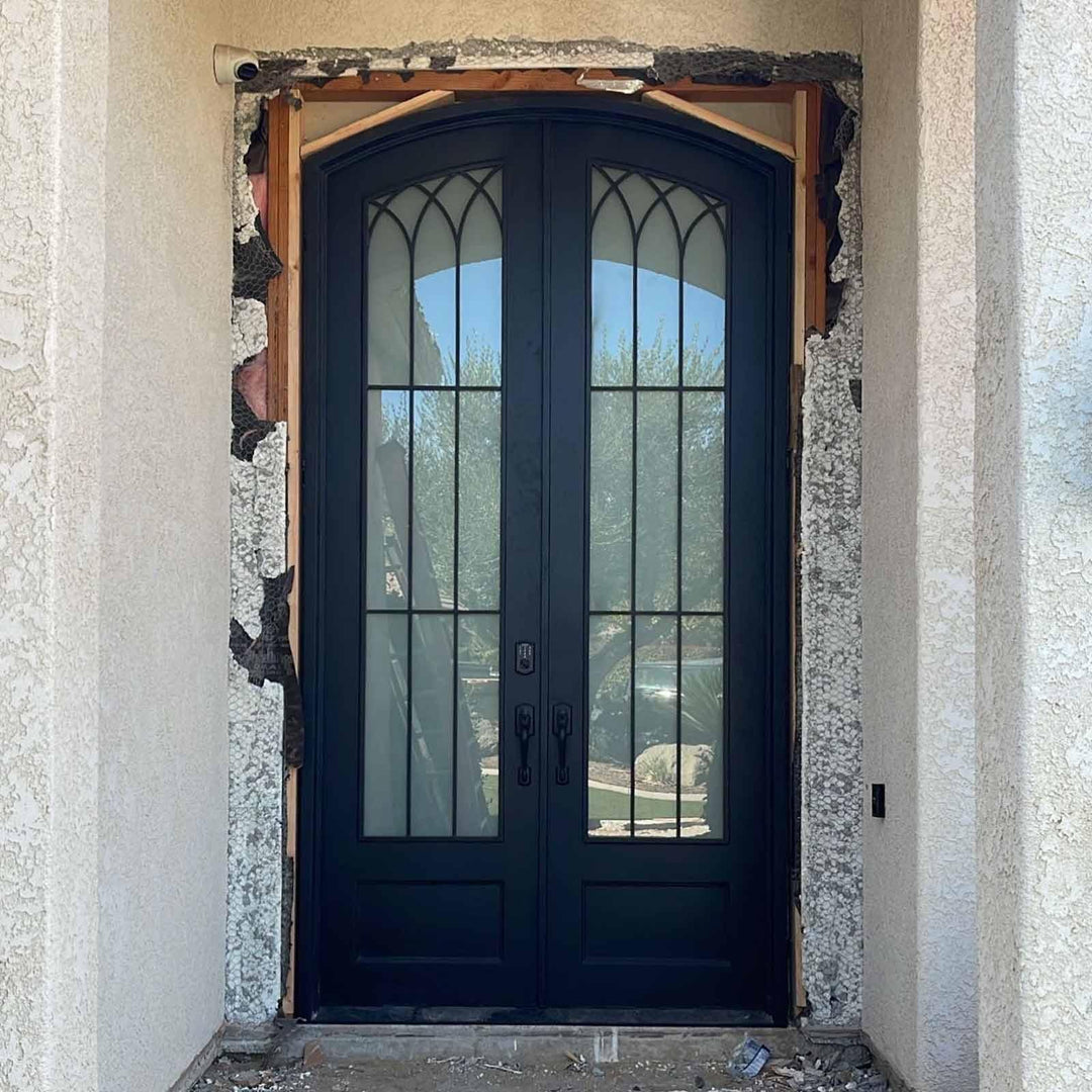iwd-forged-iron-double-exterior-door-with-matte-black-frame-and-arched-top
