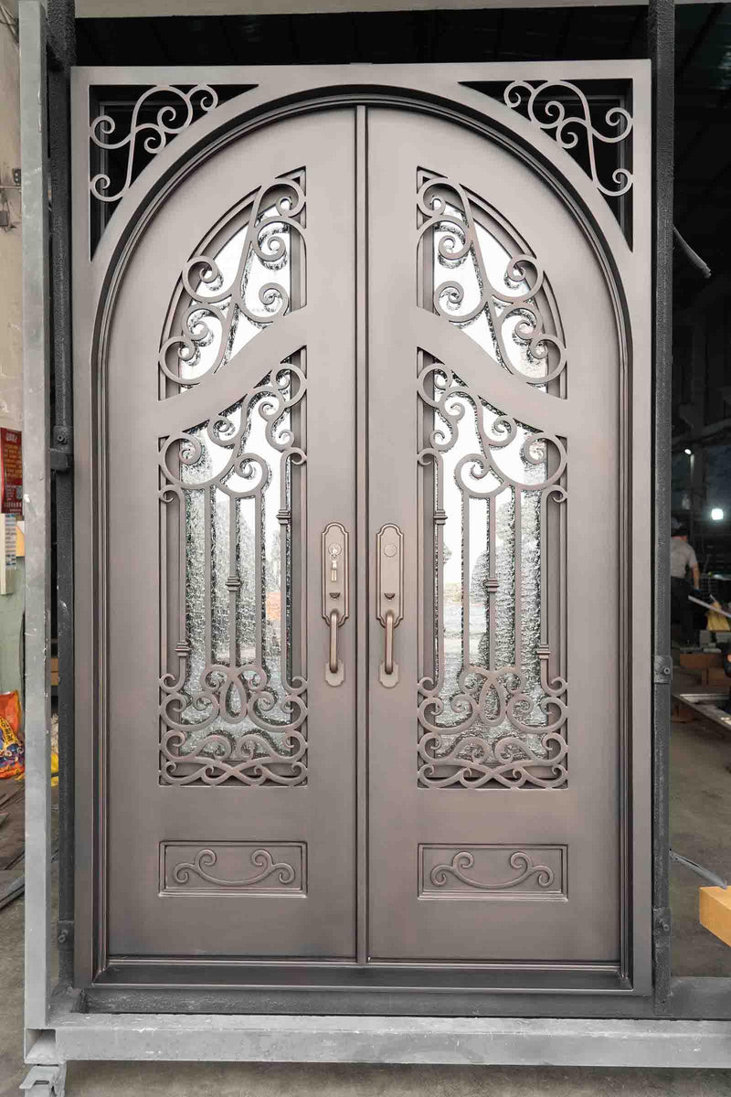 Pre-Sale Best Selling 60x96 Iron Double Door W/Screens Aquatex Glass (Arriving: 12-20-2023) Free Shipping Only 3 Left - IronWroughtDoors