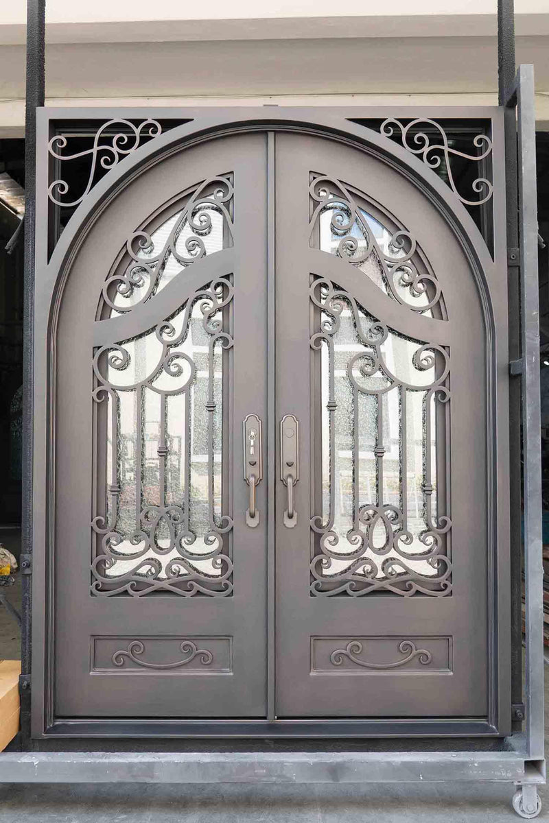 Pre-Sale Best Selling 72x96 Iron Double Door W/Screens Aquatex Glass (Arriving: 12-20-2023) Free Shipping Only 3 Left - IronWroughtDoors