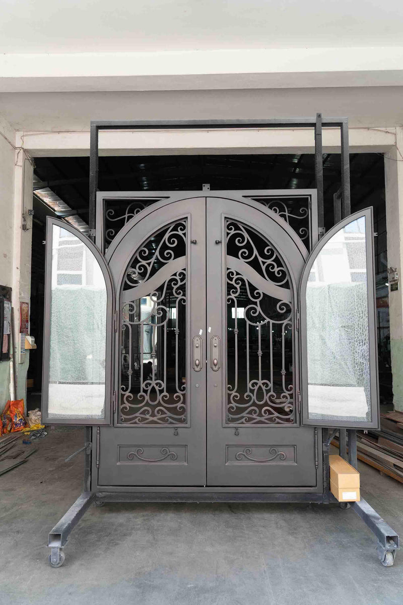 Pre-Sale Best Selling 72x96 Iron Double Door W/Screens Aquatex Glass (Arriving: 12-20-2023) Free Shipping Only 3 Left - IronWroughtDoors