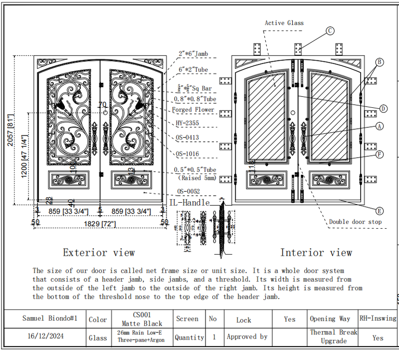 Custom Link for Samuel Biondo IWD Thermal Break Wrought Iron Exterior Double Door CID-007 12/16/2024