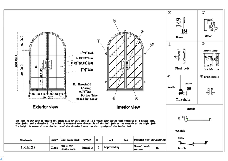 Custom link for Forest Grove Foundation IWD Modern Steel Double Door Full Glass Interior (No Threshold) CIFD-IN004 10-Lite Panel Round Top - IronWroughtDoors