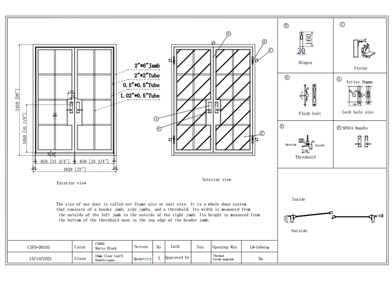 IWD Double Exterior Iron Wrought French Door CIFD-D0103 60 By 96 8-Lite Square Top Low-E Glass Drawing