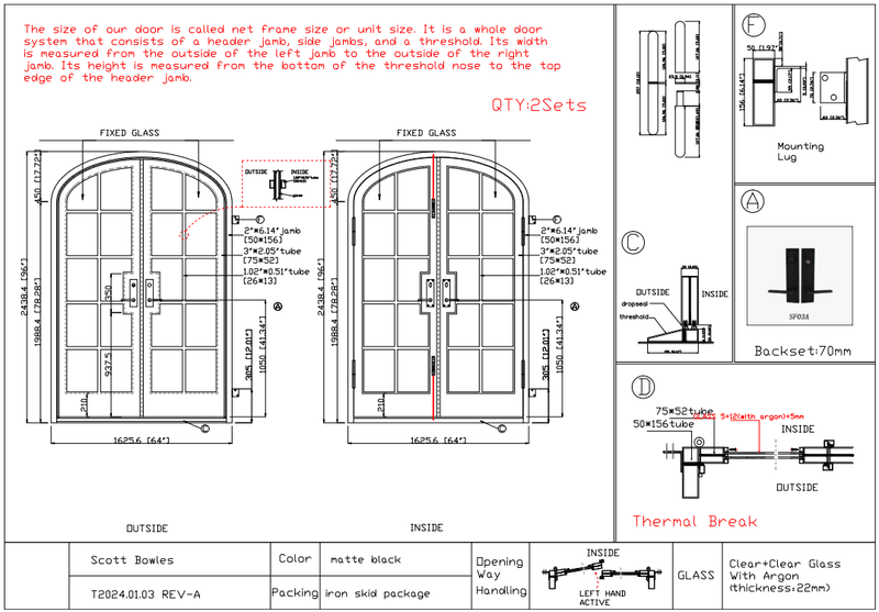 Custom link for Scott Bowles IWD Thermal Break Neat Design Wrought Iron French Dual Door CIFD-D0104 - IronWroughtDoors