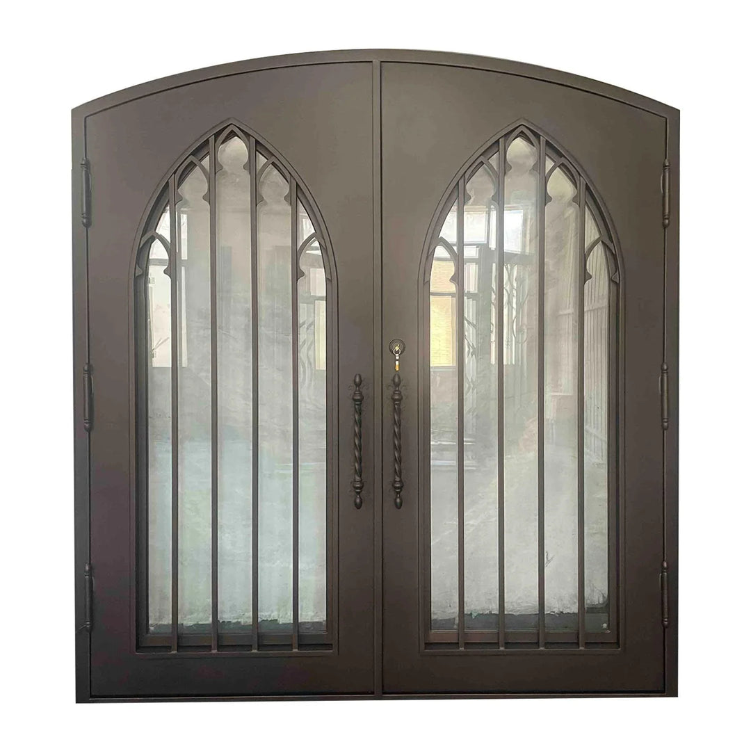 IWD Custom Hand-forged Iron Church Double Entry Door CID-003 Luxury Spiral Scrollwork Arched Top - IronWroughtDoors