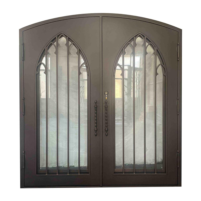 IWD Thermal Break Custom Hand-forged Iron Church Double Entry Door CID-003 Luxury Spiral Scrollwork Arched Top - IronWroughtDoors