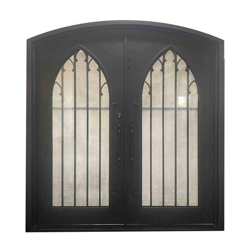 IWD Custom Hand-forged Iron Church Double Entry Door CID-003 Luxury Spiral Scrollwork Arched Top - IronWroughtDoors