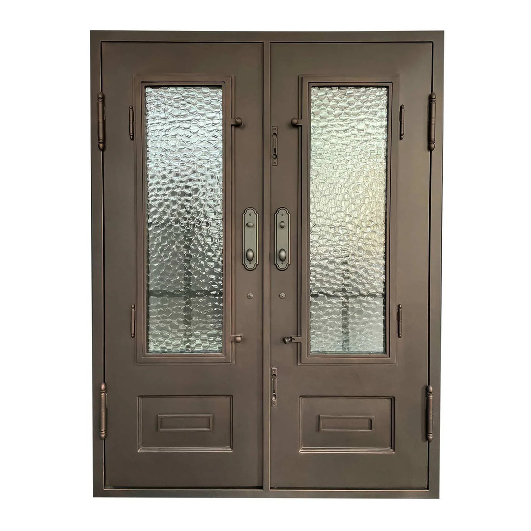 IWD Double Front Iron Entry Door CID-017-A Grid Slab Arched Top - IronWroughtDoors