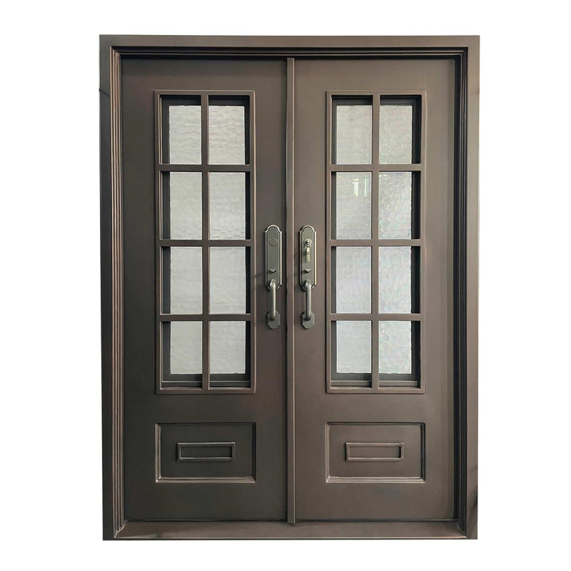 IWD Double Front Iron Entry Door CID-017-A Grid Slab Arched Top - IronWroughtDoors