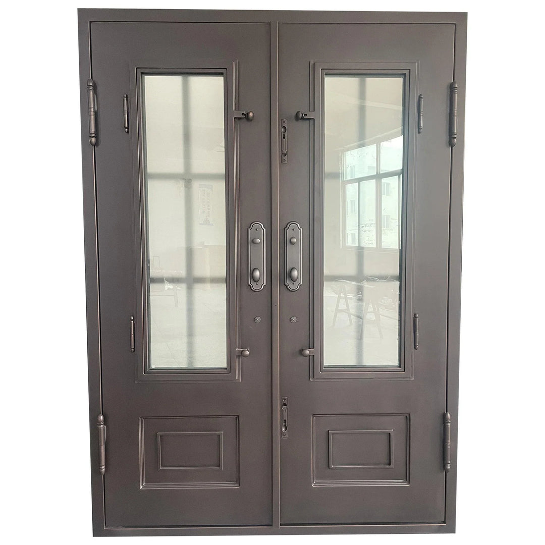 IWD Thermal Break Wrought Iron Double Front Entry Door CID-022-B Classic Grid Design Square Top Operable Glass with Screens - IronWroughtDoors