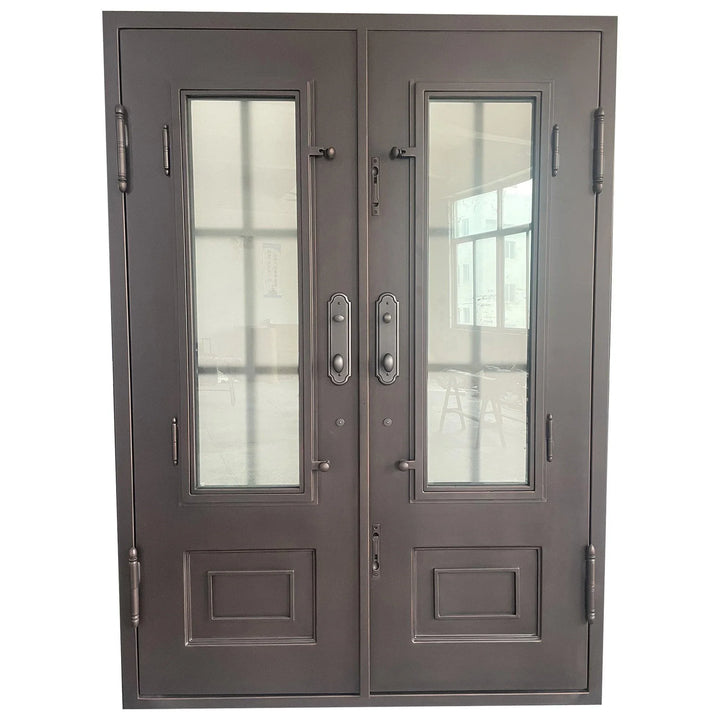 IWD Thermal Break Wrought Iron Double Front Entry Door CID-022-B Classic Grid Design Square Top Operable Glass with Screens - IronWroughtDoors