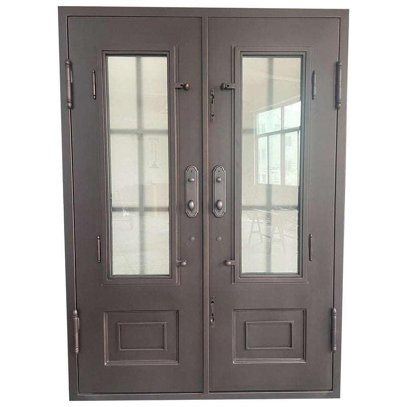 IWD Wrought Iron Double Front Entry Door CID-022-B Classic Grid Design Square Top Operable Glass with Screens - IronWroughtDoors