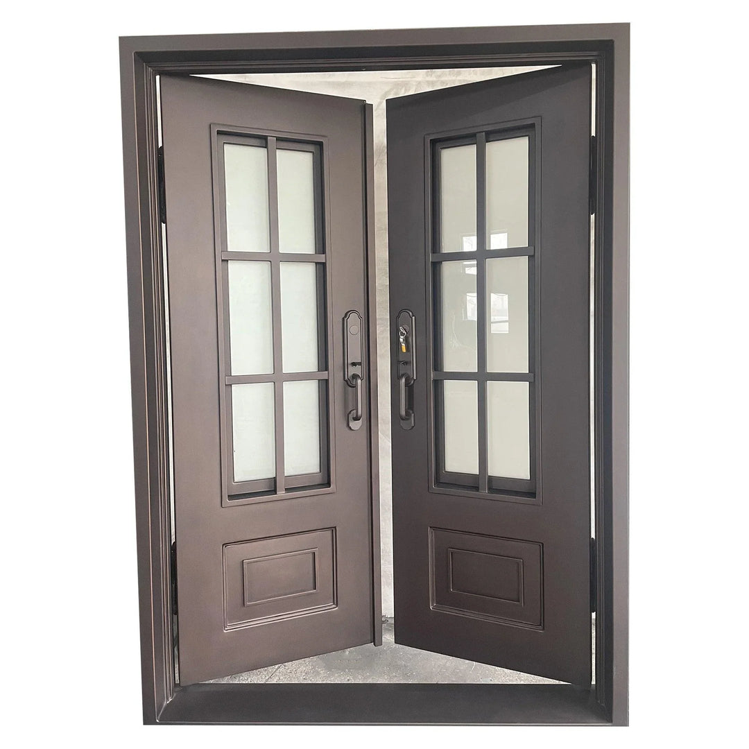 IWD Wrought Iron Double Front Entry Door CID-022-B Classic Grid Design Square Top Operable Glass with Screens - IronWroughtDoors