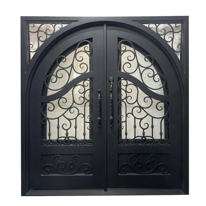 IWD Thermal Break Wrought Iron Double Door CID-029 Beautiful Scroll Work Square Top Round Inside - IronWroughtDoors