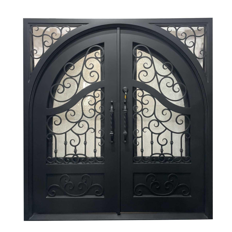 IWD Wrought Iron Double Door CID-029 Beautiful Scrollwork Square Top Round Inside - IronWroughtDoors