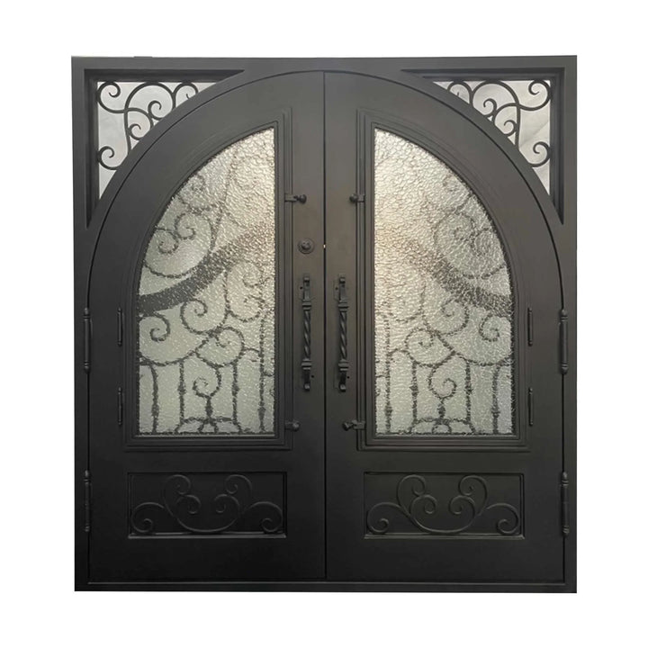 IWD Thermal Break Wrought Iron Double Door CID-029 Beautiful Scroll Work Square Top Round Inside - IronWroughtDoors