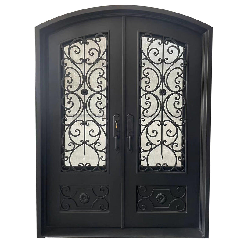 IWD Forged Iron Front Entry Double Door CID-045 Beautiful Pattern Arched Top 3/4 Lite - IronWroughtDoors