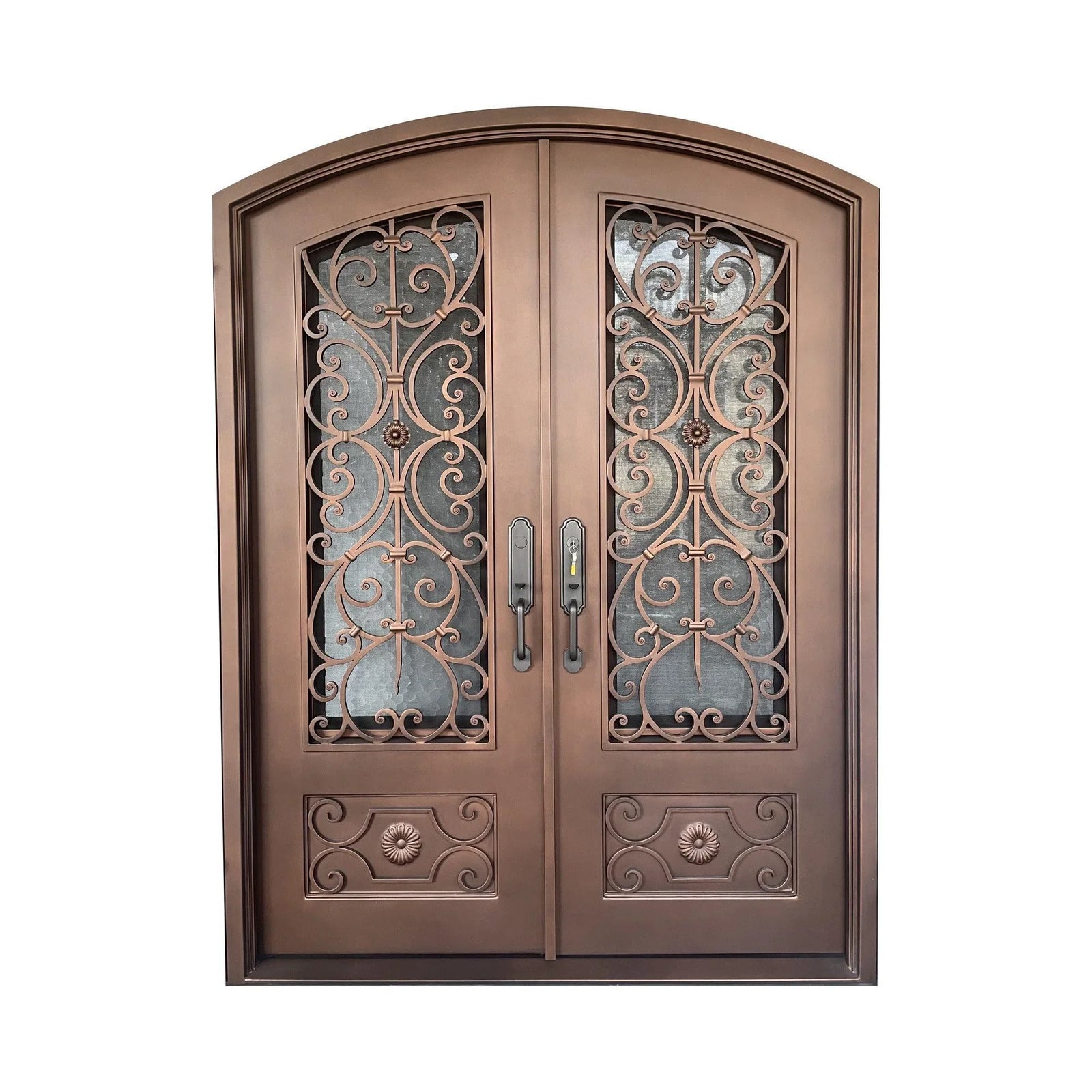 IWD Forged Iron Front Entry Double Door CID-045 Beautiful Pattern Arched Top 3/4 Lite - IronWroughtDoors