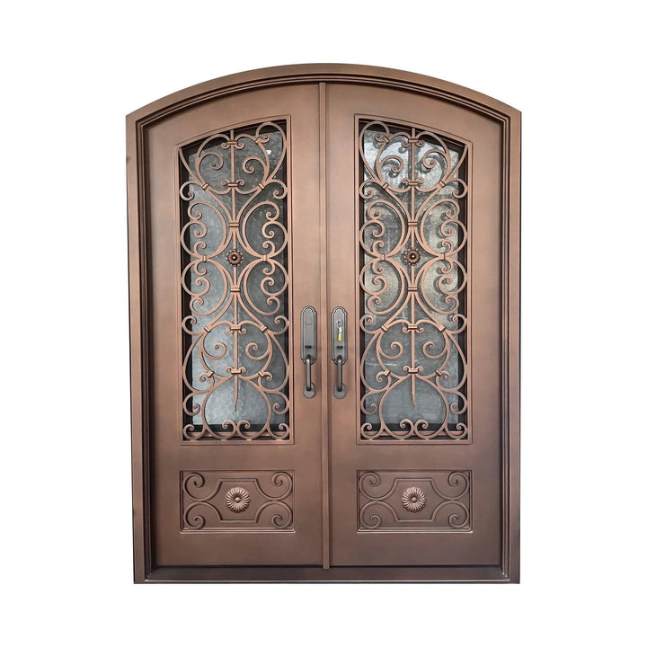 IWD Forged Iron Front Entry Double Door CID-045 Beautiful Pattern Arched Top 3/4 Lite - IronWroughtDoors