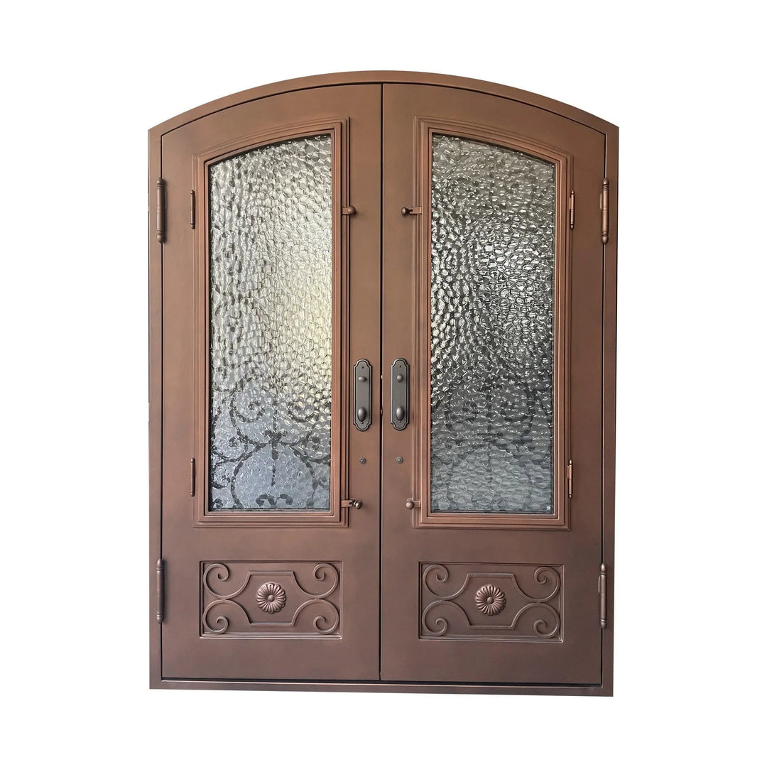 IWD Forged Iron Front Entry Double Door CID-045 Beautiful Pattern Arched Top 3/4 Lite - IronWroughtDoors