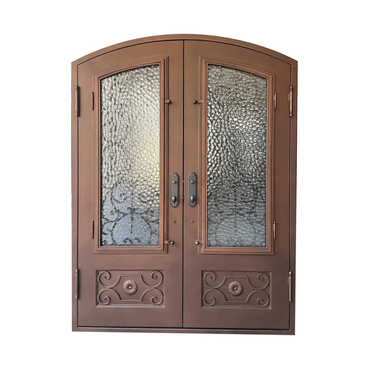 IWD Forged Iron Front Entry Double Door CID-045 Beautiful Pattern Arched Top 3/4 Lite - IronWroughtDoors