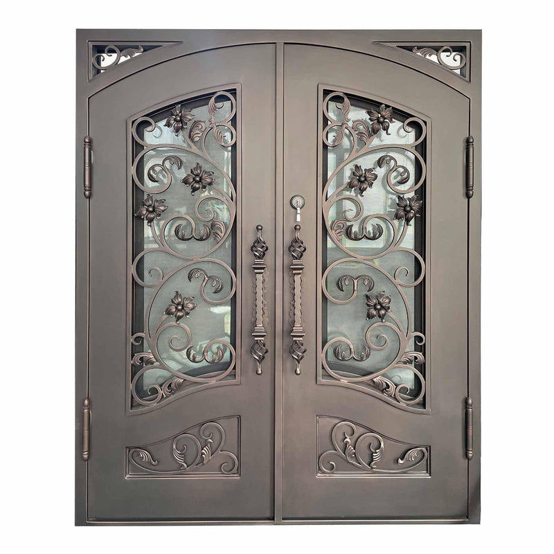 IWD Beautiful Iron Wrought Double Entry Door CID-046 Ornate Scroll-Work Square Top