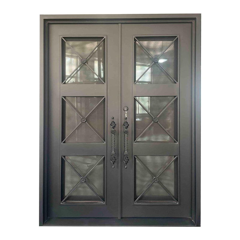 IWD Thermal Break Modern Design Forged Iron Double Entry Door CID-048 6-Lite Square Top