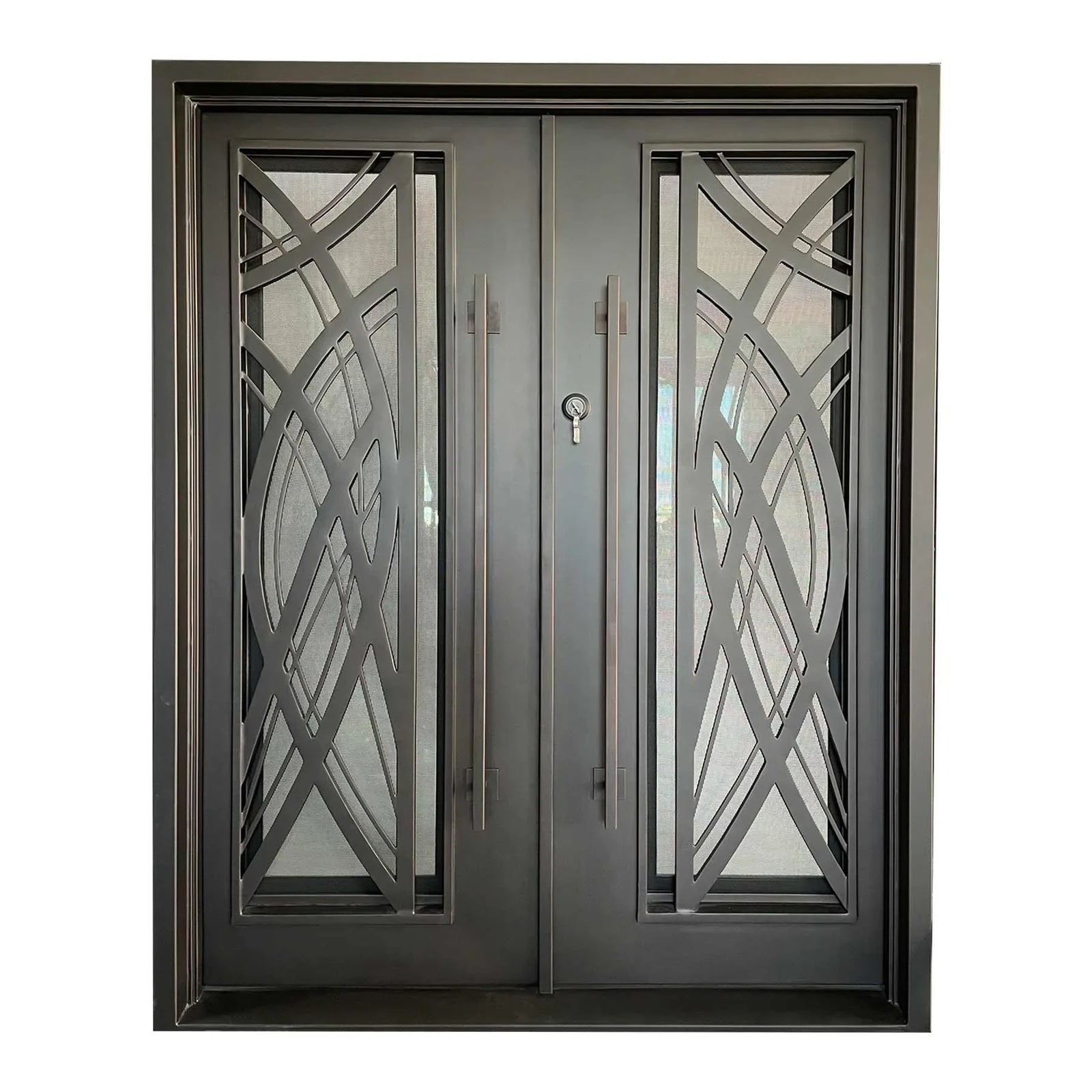 IWD Handmade Wrought Iron Double Exterior Door CID-102 Curve Design Square Top Hurricane Proof Operable Glass - IronWroughtDoors
