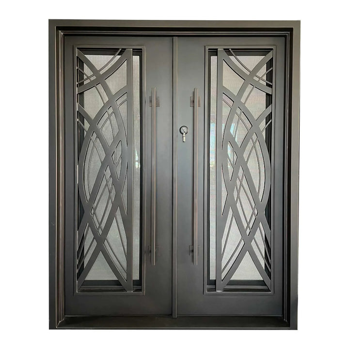 IWD Handmade Wrought Iron Double Exterior Door CID-102 Curve Design Square Top Hurricane Proof Operable Glass - IronWroughtDoors