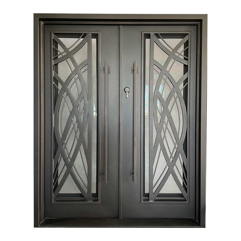 IWD Handmade Wrought Iron Double Exterior Door CID-102 Curve Design Square Top Hurricane Proof Operable Glass
