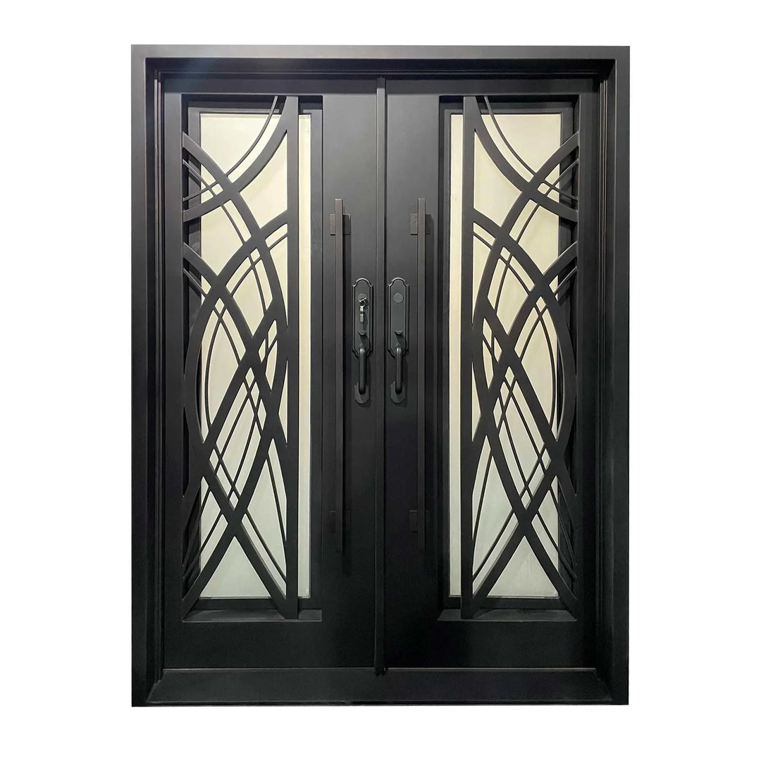 IWD Handmade Wrought Iron Double Exterior Door CID-102 Curve Design Square Top Hurricane Proof Operable Glass - IronWroughtDoors