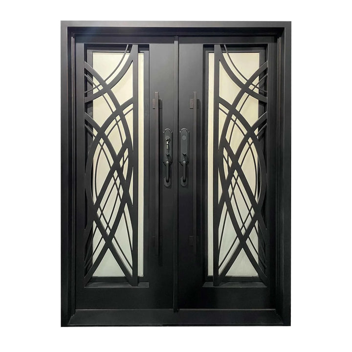 IWD Handmade Wrought Iron Double Exterior Door CID-102 Curve Design Square Top Hurricane Proof Operable Glass - IronWroughtDoors